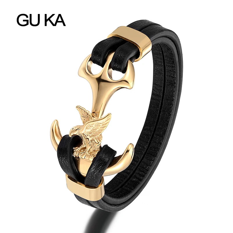 

Men Gold Stainless Steel Bracelet Punk Leather Charm Anchor Bracelets Luxury Jewelry Wholesale Handmade Fashion Gifts For Friend