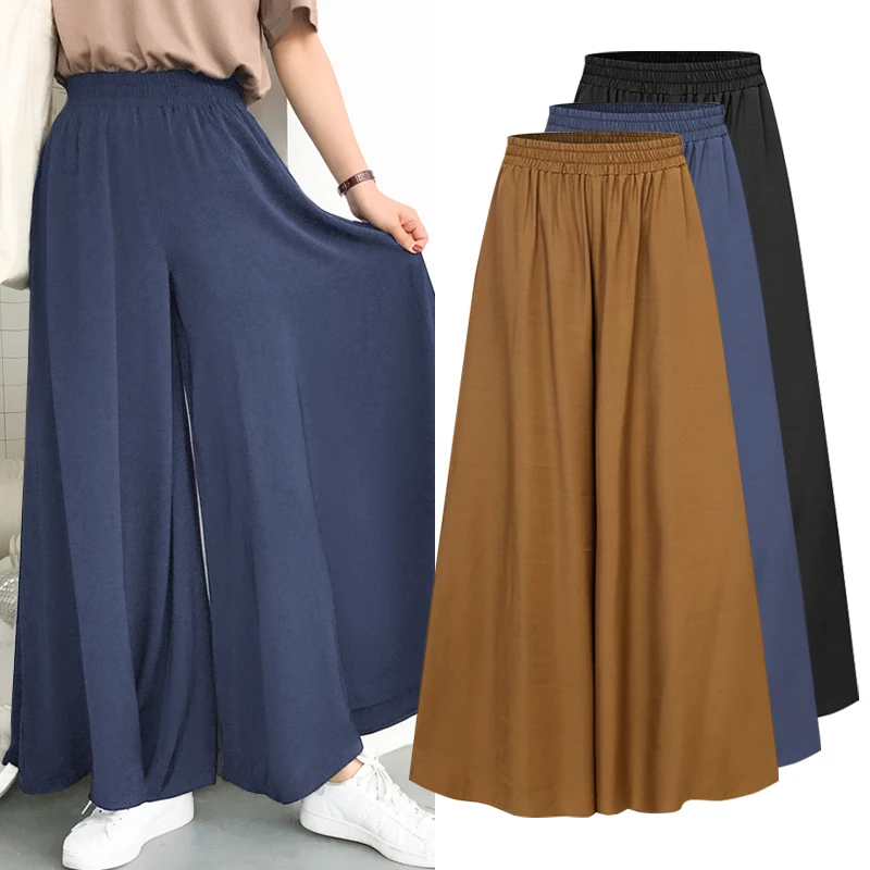 

ZANZEA Women Elastic Waist Trousers Casual Summer Loose Solid Pantalon Palazzo 2021 Ladies Wide Leg Pants Capris