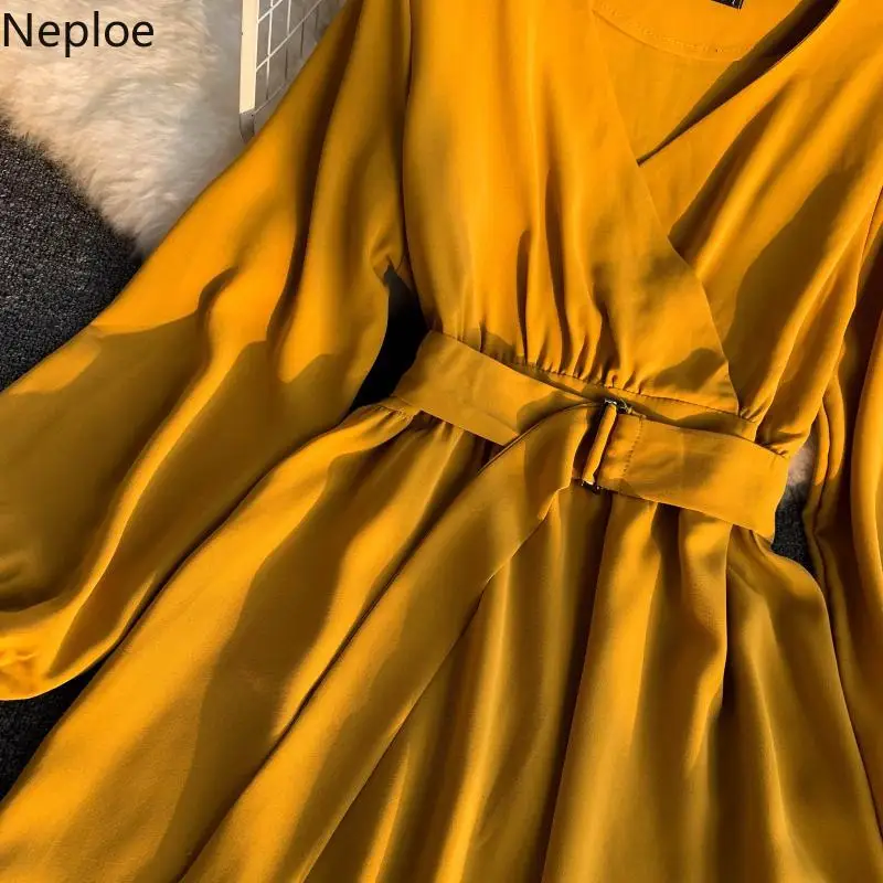 Neploe весна лето, женское платье, одноцветное, v-образный вырез, длинный рукав, vestidos, шикарный, широкий пояс, высокая талия, длина до колена, халат 43086