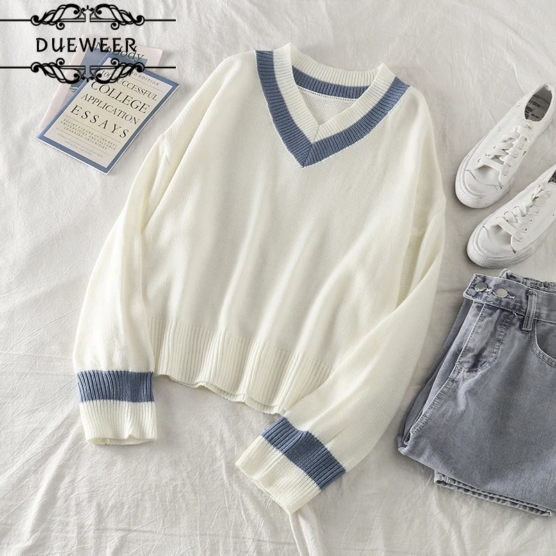 

DUEWEER Sweater Pullovers Women V-Neck Patchwork Elegant Simple Design All-match Soft Leisure Chic Trendy Autumn Street Loose