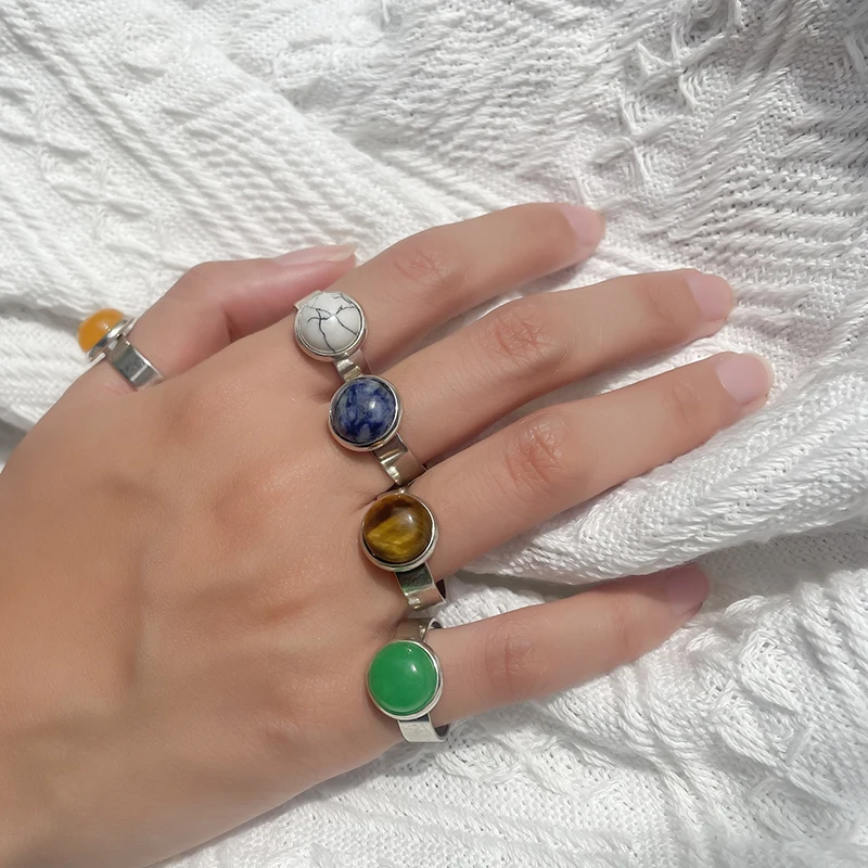 

10 mm Vintage Natural Stone Open Rings for Women Lapis Lazuli Malachite Opal Classical Rings for Lady Wedding Gifts Adjustable