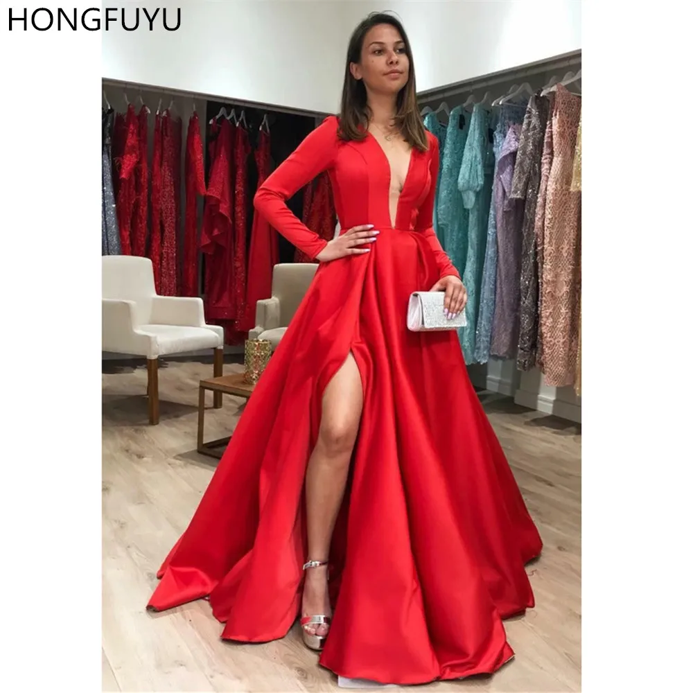 

Красное Атласное официальное платье HONGFUYU для выпускного вечера, с длинным рукавом, глубоким V-образным вырезом и разрезом