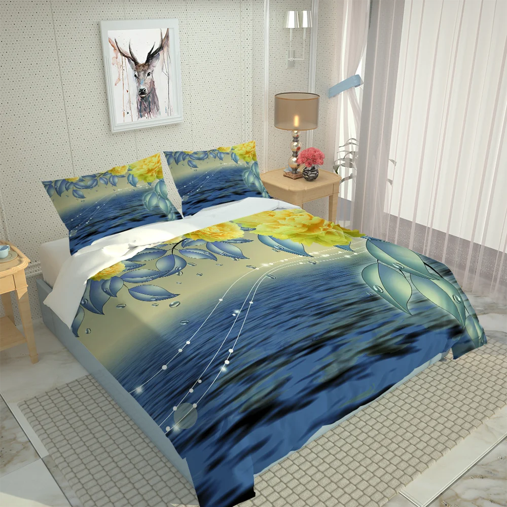 Высококачественный синий комплект постельного белья с цветочным рисунком