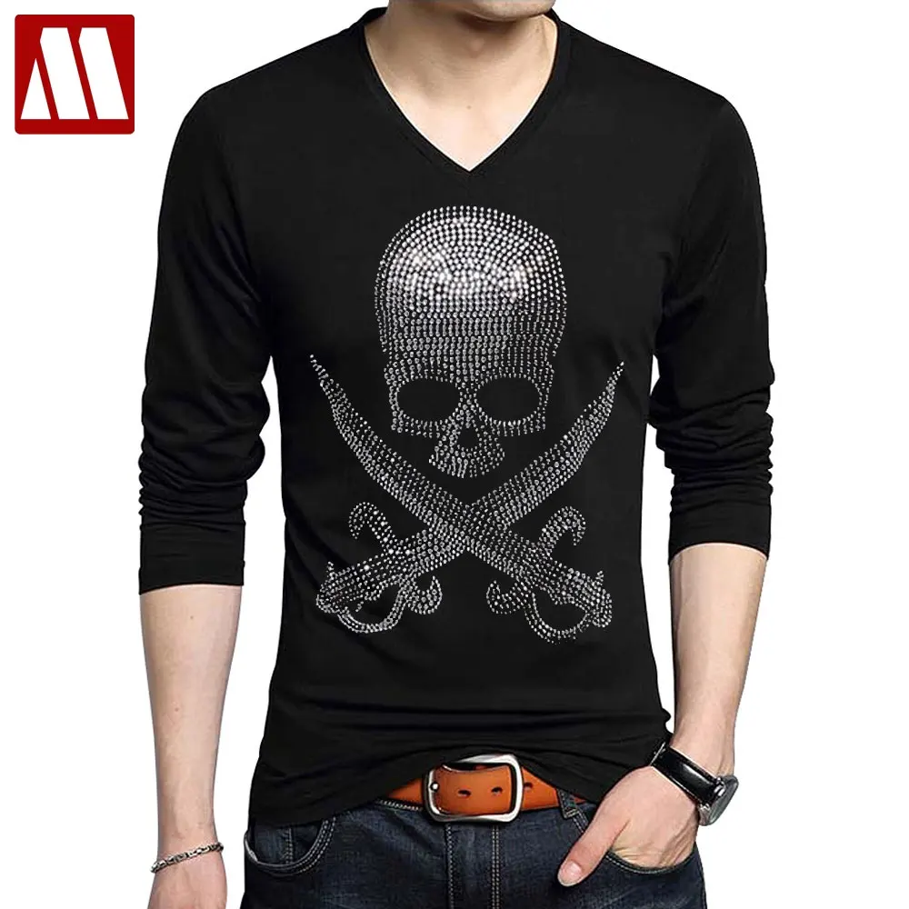 Черная футболка с блестящим черепом Мужская высокого качества Camiseta длинным