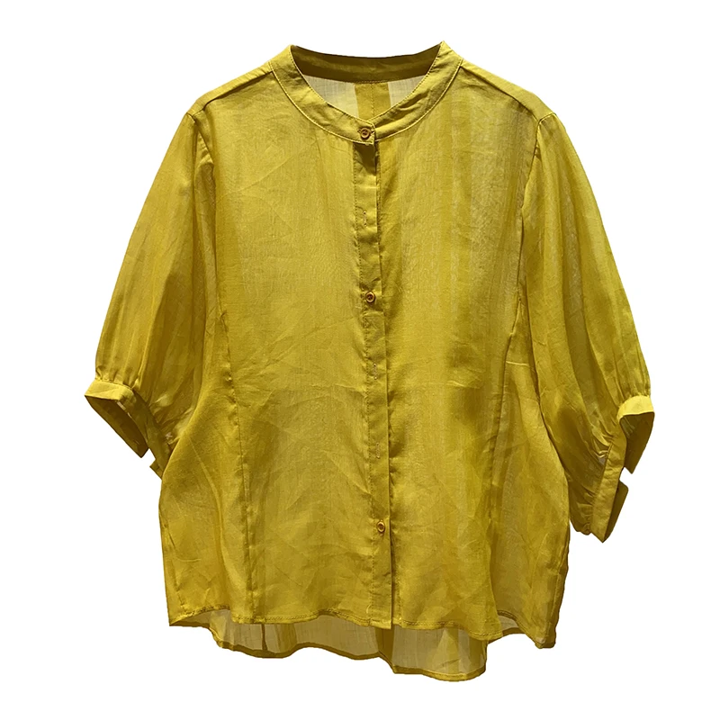 

Summer Cotton and Linen Shirt Coat Women's Half Sleeve Loose round Neck Cardigan Half Sleeve Age Reducing High-Low Top