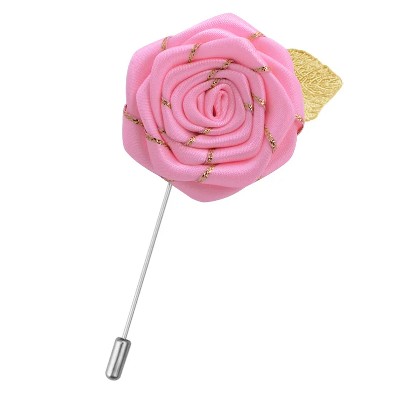 Pink Ручной работы мужской костюм Золотые листья Ткань Роза цветок брошь, ювелирные изделия Роскошный воротник нагрудный корсаж длинные иглы булавки Мужские аксессуары - Окраска металла: Pink