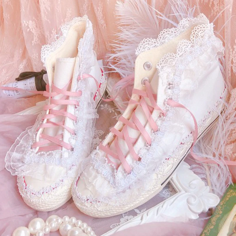 

Ribbon sweet princess wind canvas shoes high to help Vintage Sweet Lolita Shoes cos Lolita loli Korean Style Victoria Kawaii NEW