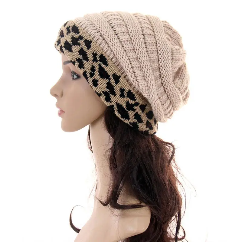 

Women Winter Acrylic Chunky Knitted Skull Cap Leopard Print Cuffed Casual Outdoor Warm Stretchy Baggy Slouchy Ribbed Beanie Hat