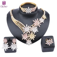wedding gold color full crystal flower trendy jewelry sets party women african beads bridal necklace earring bangle ring set