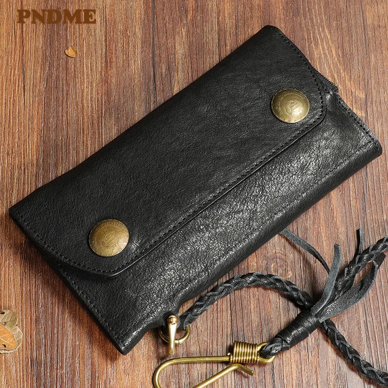 PNDME fashion vintage genuine leather men women's clutch wallet designer high quality real cowhide anti-theft card holder purse