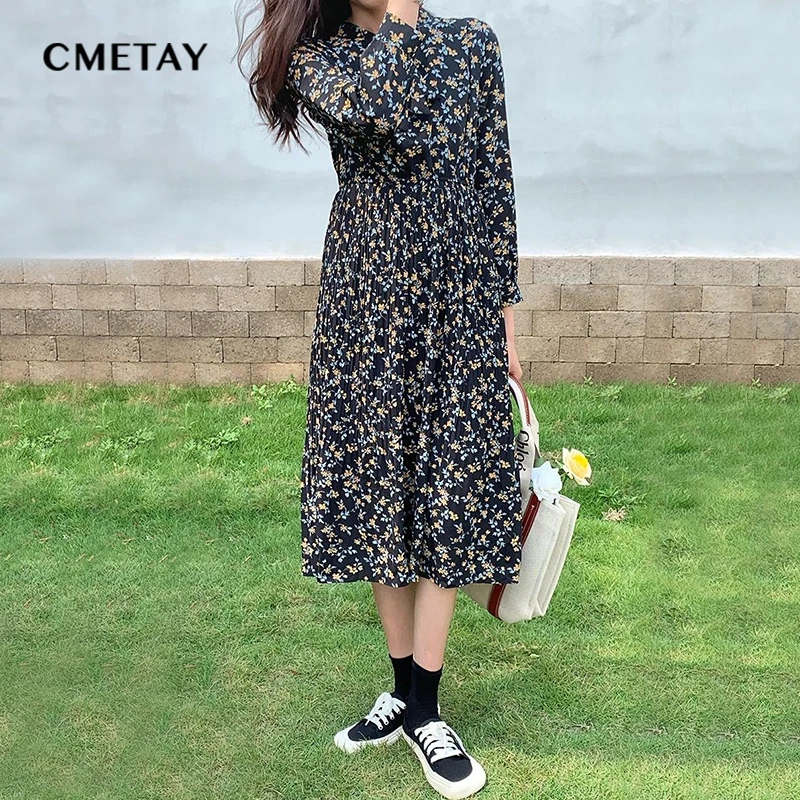 

Women's Retro Floral Print Dress Full Sleeve Midi Chiffon Dress Elegant Casual Party Beach Sun Dresses Vestidos femme 2021