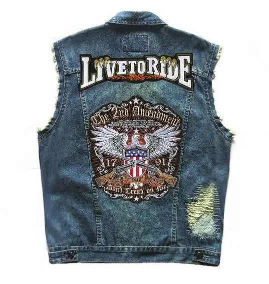 Мотоциклетный джинсовый классический жилет Мужская рваная байкерская куртка с