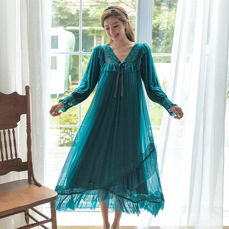 Court Style Nightdress Women's Long Sleeve French Style Retro Sweet Princess Lace Sexy Nightdress In Spring Autumn Sleep Tops