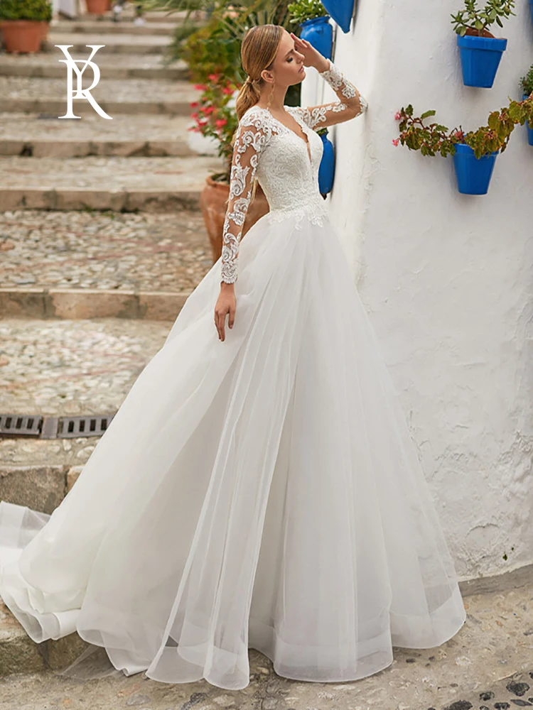 

YILIBERE Lace Wedding Dress Short Sleeve O-Neck Plus Size Luxury Lace Appliques Tulle Cathedral Train Robe Fluffy skirt