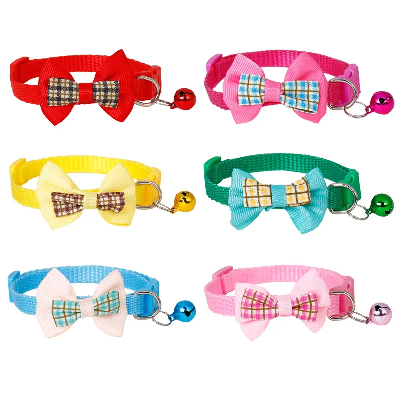 Adjustable PVC PP Cat Plaid Bow Tie for Small Breed Dogs Cute Collar With Bell For Puppies and Cats Pet Accessories
