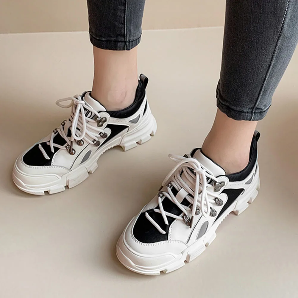 

Karinluna INS hot style chunky sneakers shoes woman shoelace casual spring genuine leather cow pigskin sneaker women Flats
