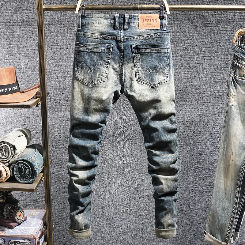 European Vintage Fashion Men Jeans Retro Blue Distressed Washed Slim Fit Ripped Jeans Men Designer Elastic Casual Denim Pants