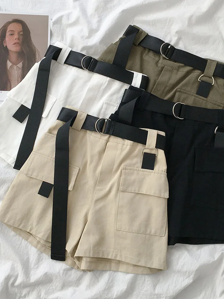 

Korean Simple Solid Summer Shorts With Belt 2020 Loose High Waist Slim loose Green Shorts women Black Paperbag Shorts