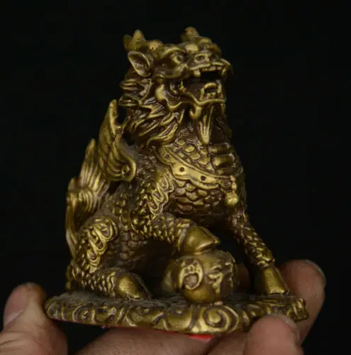 Китайская медная Бронзовая статуя фэн-шуй животное цилинь мяч летучая мышь | Дом