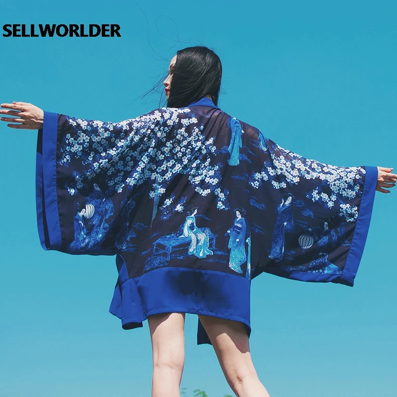 

2021 Woman Japanese Kimono Style Sakura Maid's Garden Blue Coat sun Protection Shirt Super Loose short Top
