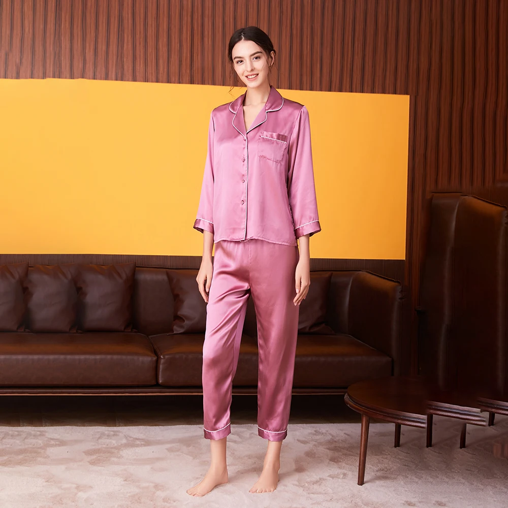 100% Silk Mulberry Silk Solid Long Sleeve Home Wear Cloths Women Pajama Suit T77166-1