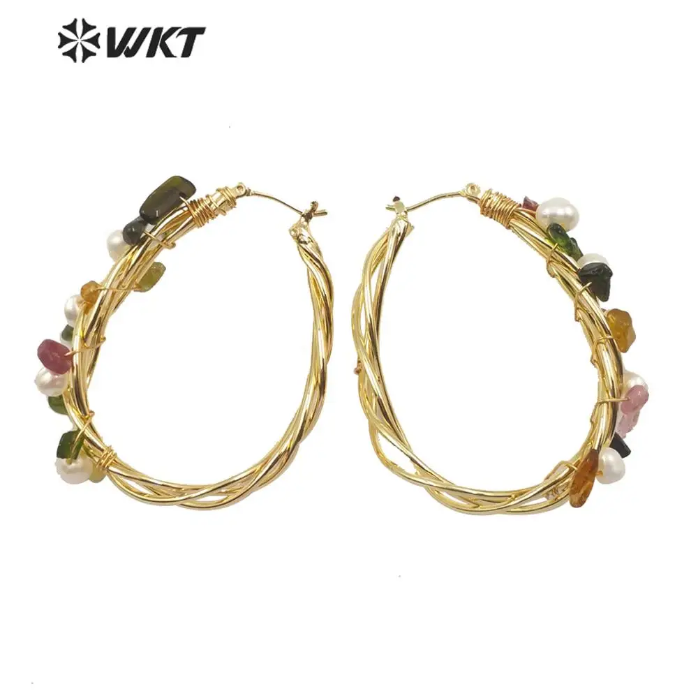 as pic WT-E588 WKT, серьги с натуральным жемчугом, серьги с проволочной оплеткой из жемчуга, серьги с разноцветными Каменными бусинами, модное ювелирное изделие для женщин - Окраска металла: as pic