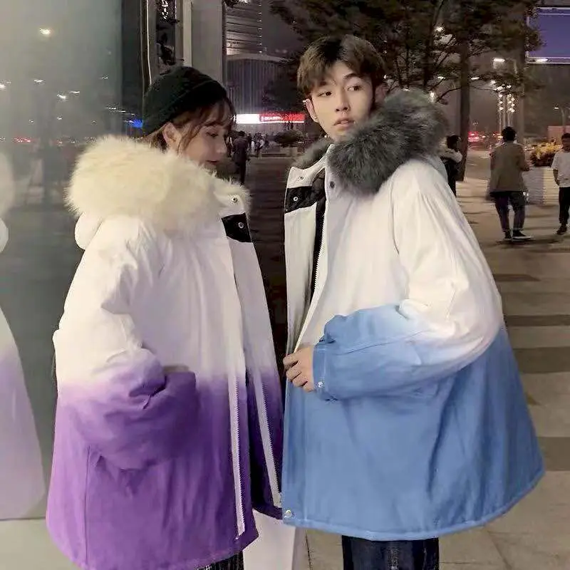

Parka Men Couple Cotton Padded Jacket Fur Hooded Winter Warm Thick Jackets Outerwear Hip Hop Fur Collar Streetwear Oversize Coat