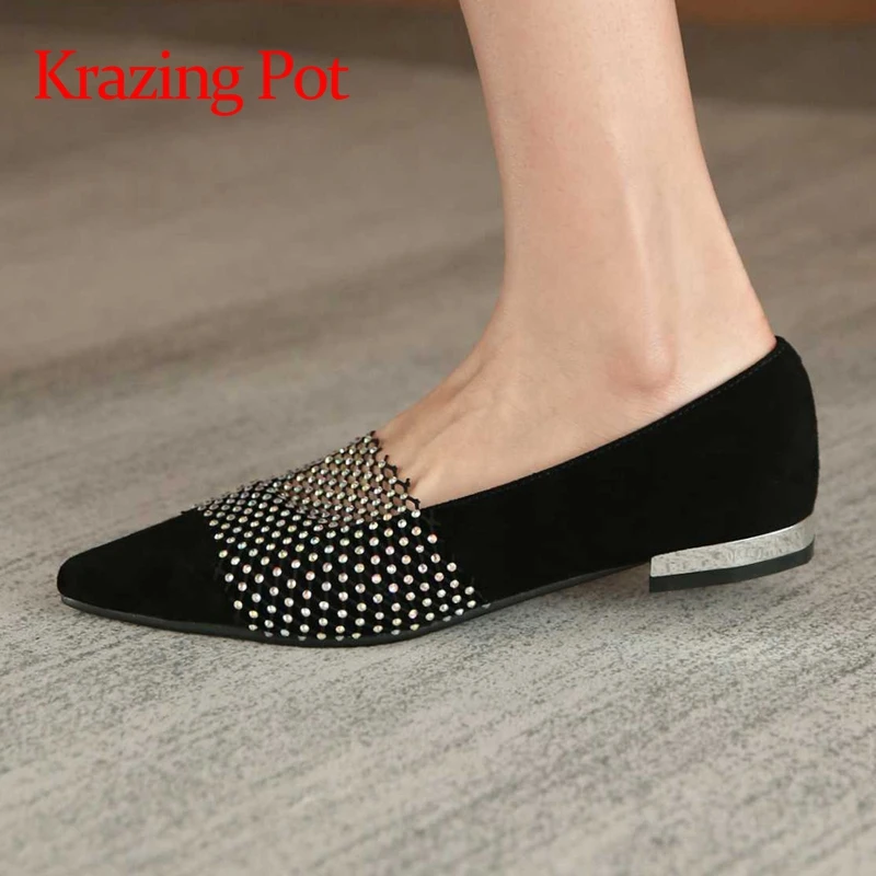 

Krazing Pot plus size sheep suede pointed toe low heel bling Korean style beauty girls dating slip on elegant women pumps L99