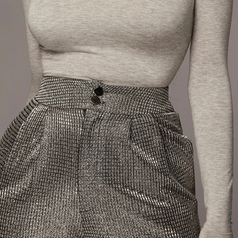 

Glitter Wid Leg Pants 2021 Women Silver Plaid Sexy Party Clubwear High Waist Bell-bottomed Pants Bottoms Casual Trousers