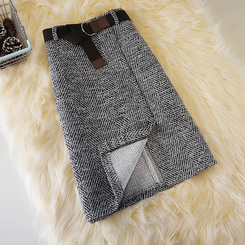 Tweed Woolen Skirt for Women Autumn Winter 2021 New Korean Fashion Black Gray Chic Knee Length High Waist Skirts With Belt | Женская