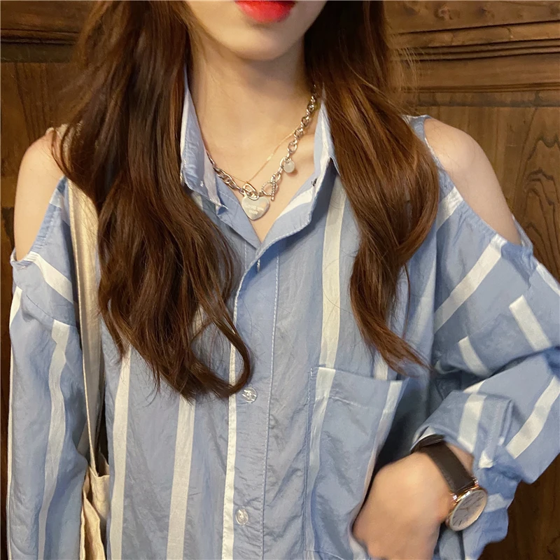 

GOOHOJIO 2020 New Plus Size Women Striped Blouse Long Sleeve Turn-Down Collar Shirt Chic Oversized Casual fashion Tops for women