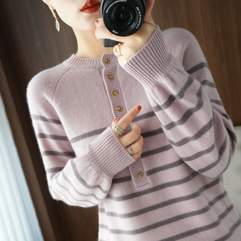 

BELIARST Spring and Autumn New Cashmere Sweater Women's O-neck Pullover 100% Pure Wool Knit Striped Top Slim Fit Fashion Jacket