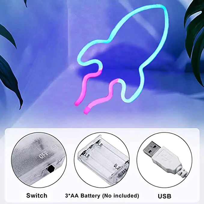 

Cartoon-Rocket Neon Light USB/Battery Powered Bedside Lamp Rainbow Hanging Lamp Colorful Wall Art Night Lights Christmas Gift