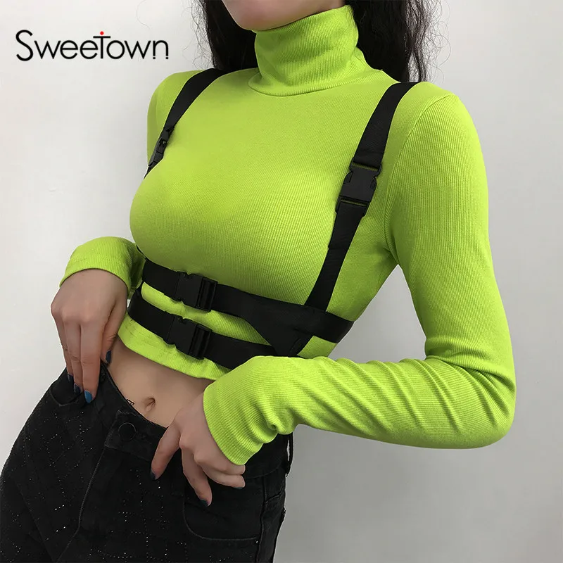 Sweetown, неоновая цветная Осенняя футболка, Лоскутная пряжка, стиль сафари, футболки для женщин, вязаная водолазка, длинный рукав, укороченный топ, футболка