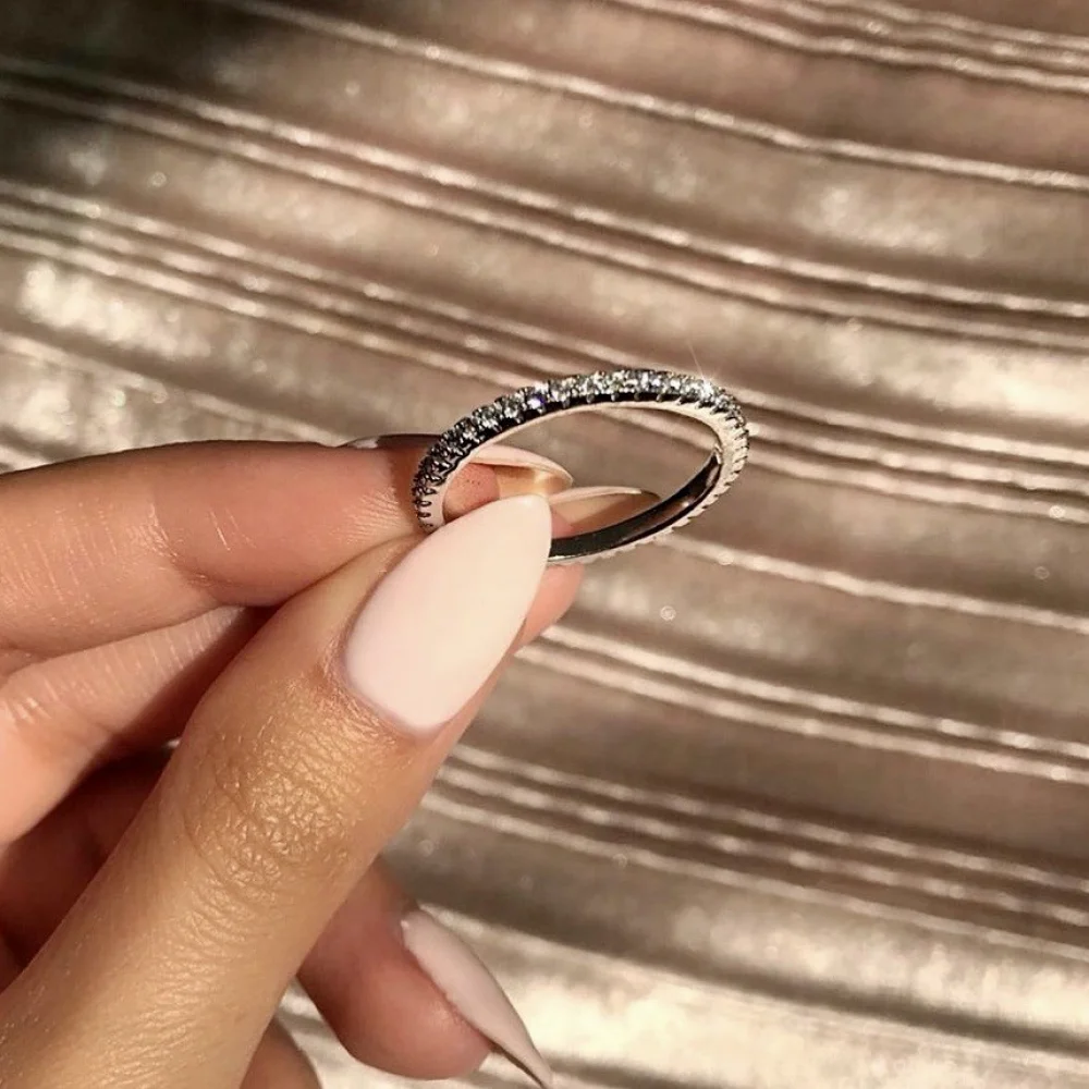 Luxury Women's Silver Color Single Row Round AAA Cubic Zirconia Rings For Women Fashion Wedding Band Girl's Party Jewelry |