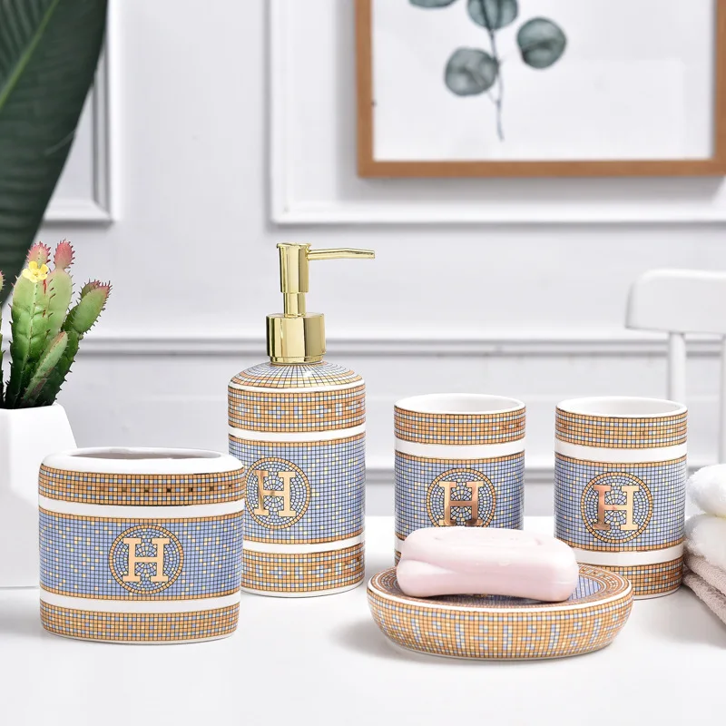 luxury golden ceramics bathroom accessory set porcelain soap dispenser couple wash suit pump bottle tooth frame holder mouth cup free global shipping