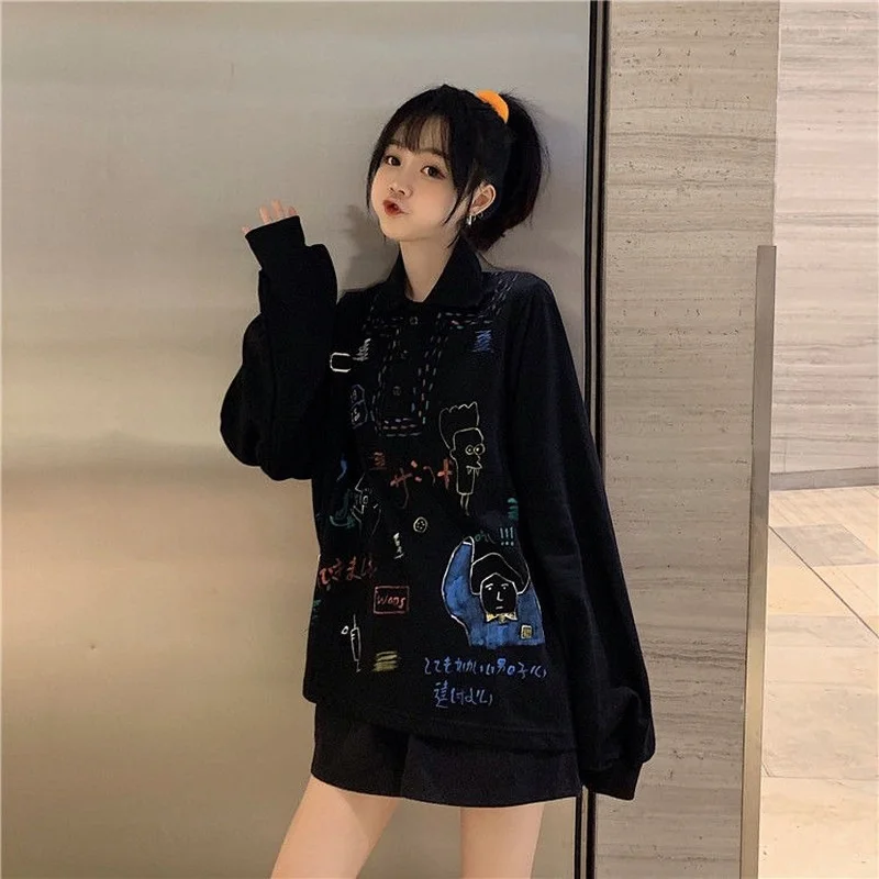 

Women Harajuku Graffiti Polo Sweatshirt Women Autumn 2021 Fashion Korean Style Streetwear Tops Hip Hop Kpop Bf Clothes Hoodie