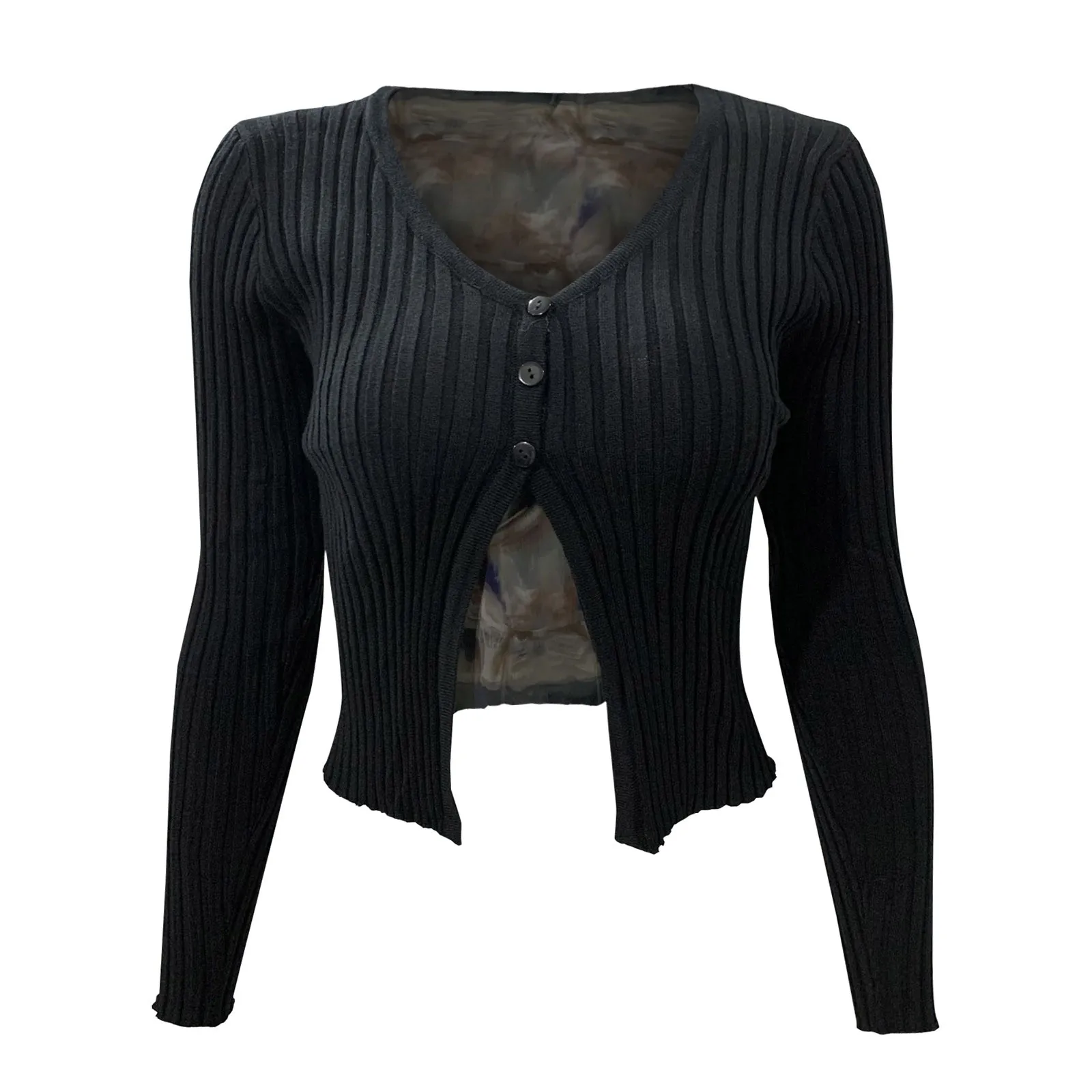 

Solid Color Sexy Blouse Women Round neck High split Blouses Long Sleeve Buttons Short Slim Tight Tops Temperament Pullover