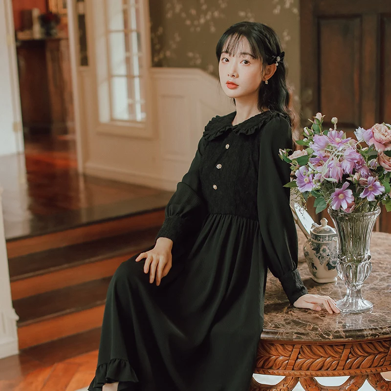 

2 Colors Mori Girl Style Dress Vintage Sweet Peter Pan Collar Lace Casual Midi Dresses For Slim Women Vestidos Elegantes