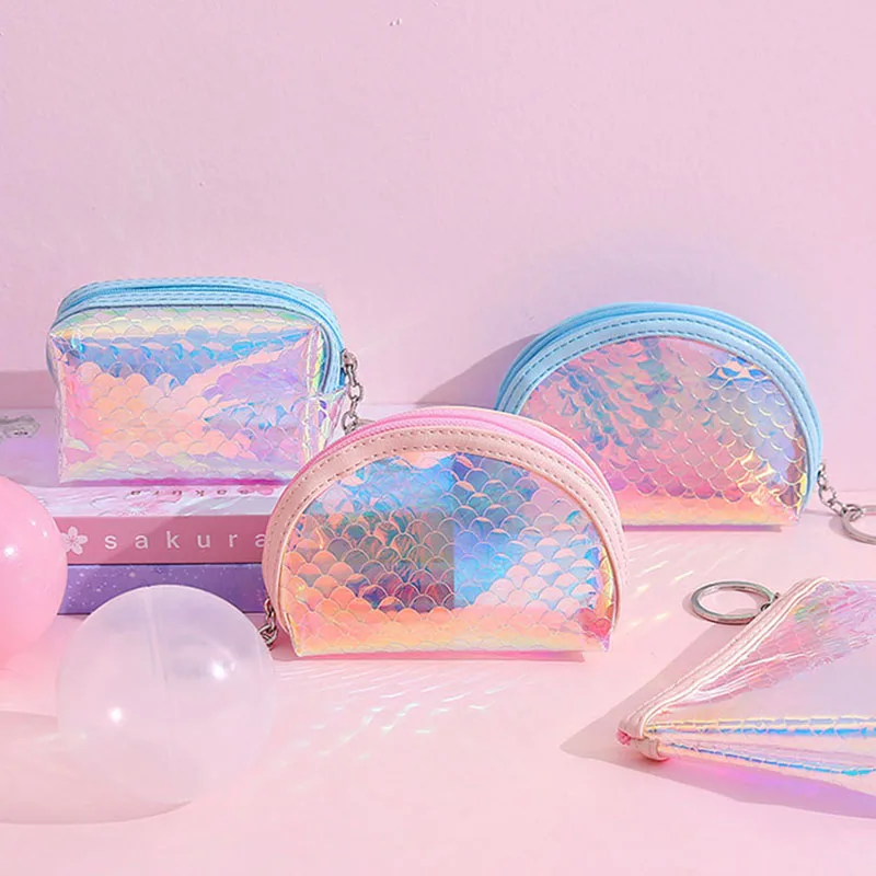 

Transparent Mermaid Coin Purses Leather Small Fresh Casual Rainbow Pu Coin Wallet Women Fashion Cute Key Card Money Zipper Bag