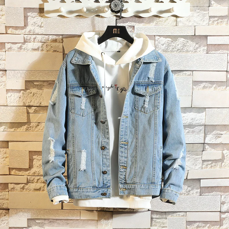 

Wholesale 2021 Fashion men's long-sleeved washed lapel ripped denim jacket jacket tide young Korean men's teenagers denim coat