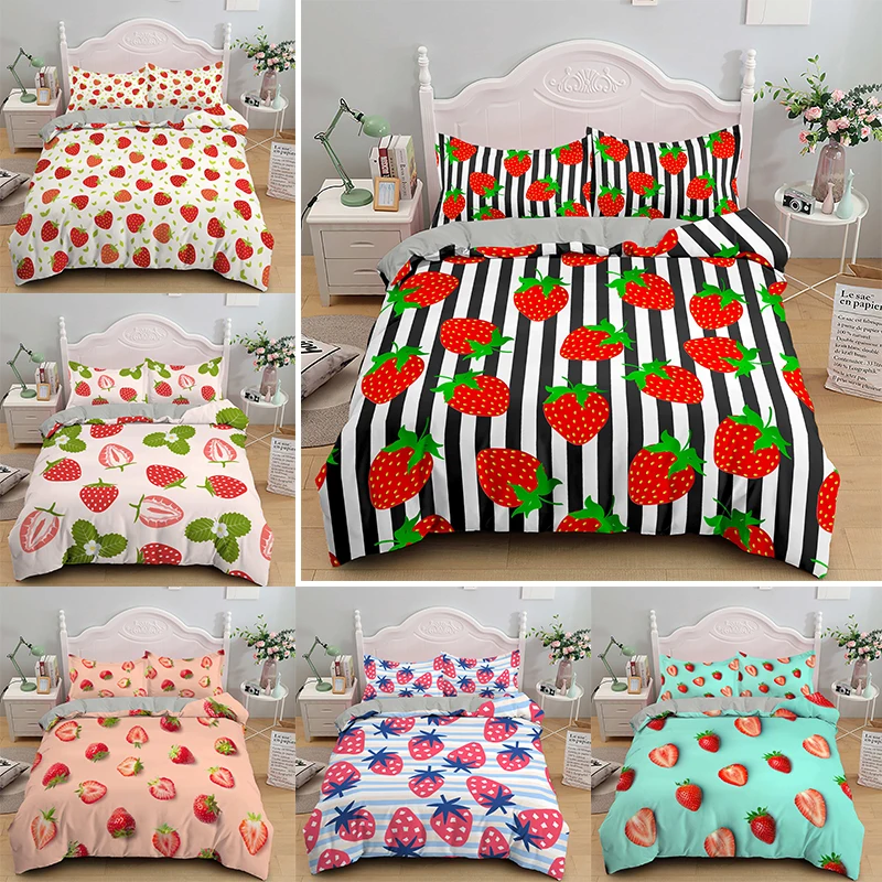 

Комплект постельного белья с принтом клубники, пододеяльник с наволочкой, двуспальный, Королевский размер, мультяшное качество, пододеяльн...