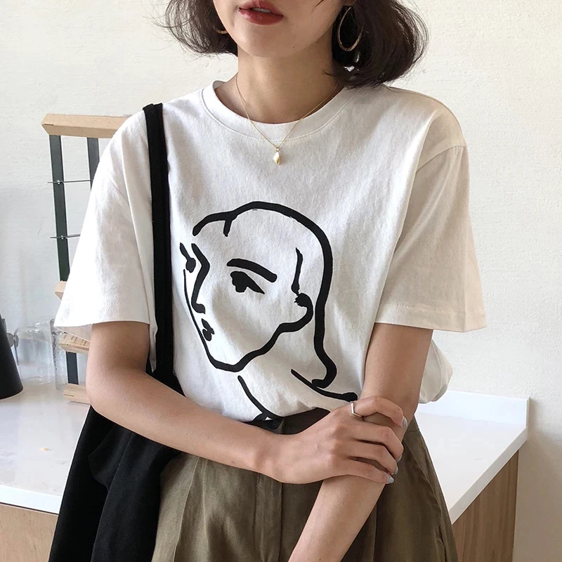 

Summer Korean Fashion T shirt Women Abstract Couple Graphic Tee Cute Ulzzang Line Drawing Face Art T-Shirt Harajuku