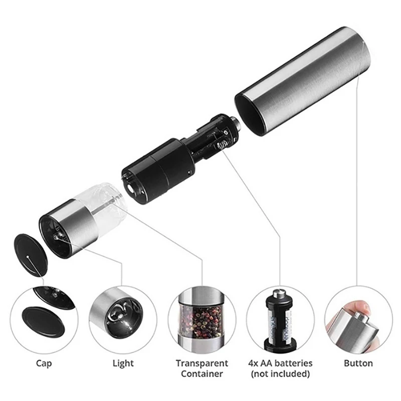 

2 Pack Electric Pepper Salt Grinder Stainless Steel Automatic Herb Spice Electric Pepper Mills Salt Spice Grinder