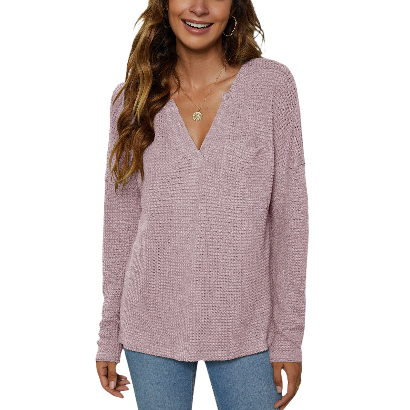 

Женская трикотажная одежда, однотонные трикотажные топы с V-образным вырезом и длинным рукавом и нагрудным карманом для женщин, S/M/L/XL