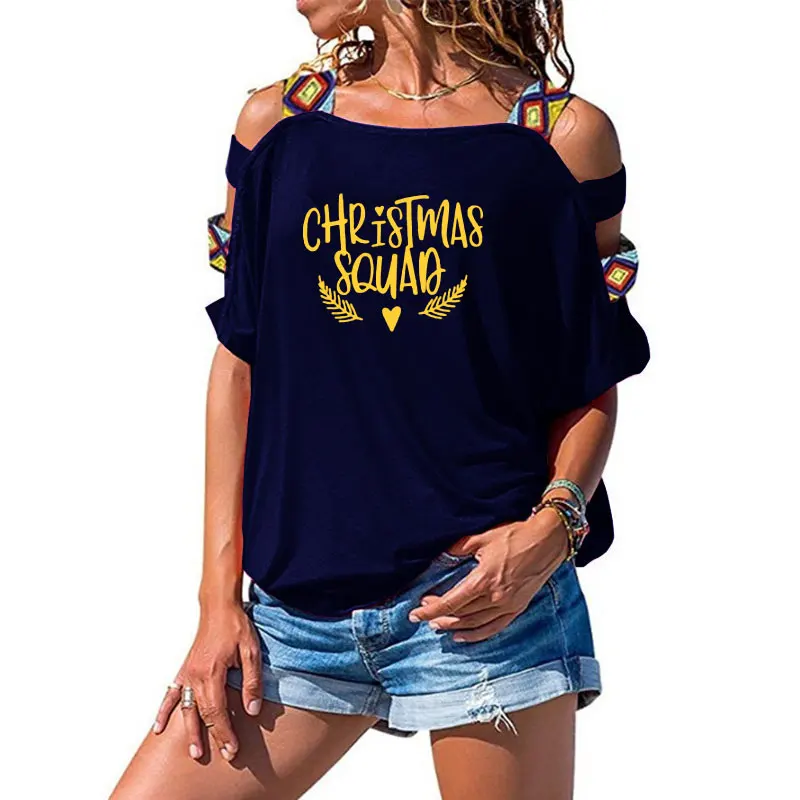 

Family Christmas Tee Cotton Sexy Hollow Out Shoulder Tee Christmas Squad Shirt Funny Graphic Gift T-Shirt for Women