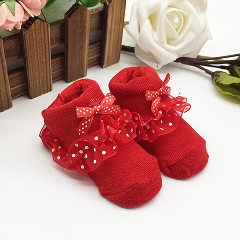 

2021 New Style High Quality Newborn Baby Boy Girl Soft Cotton Cute Shoes Lovely Lace Dots Slippers Boots Princess Socks