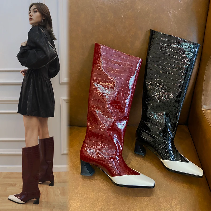 

Black Burgundy Square Toe Genuine Leather Knee Boots Women Fashion Print Cow-leather Mid-Heel Bomb boots Lady Fall Winter Boots