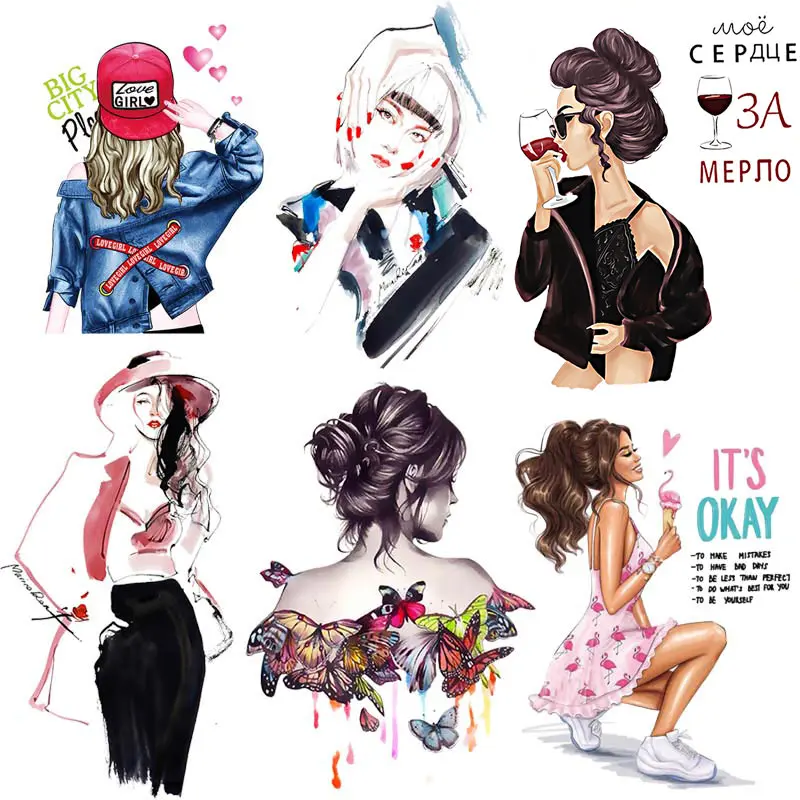 

Fashion Women Patch Iron-On Transfers For Clothing Appliques Thermo-sticker For Clothes Art Patch Butterfly Girl T-shirt Stripes
