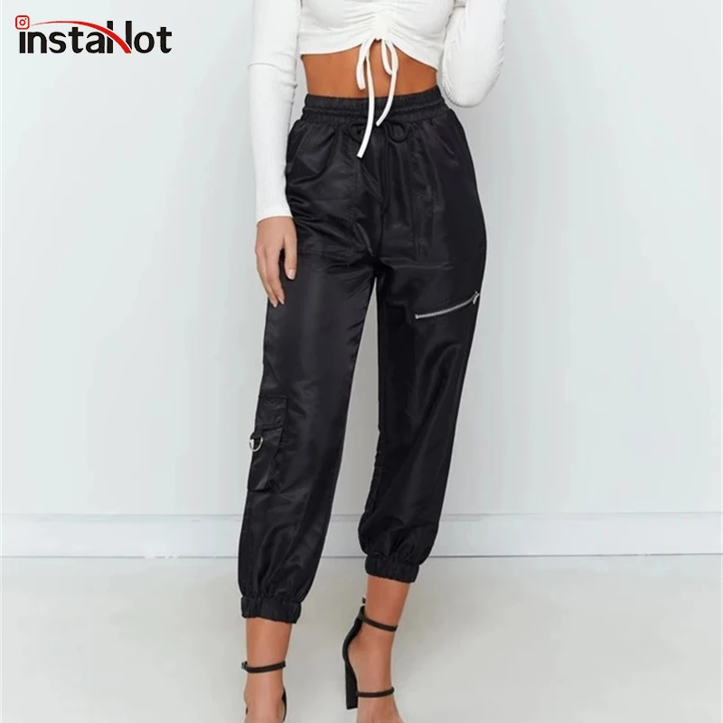 InstaHot черные эластичные брюки карго Уличная Повседневная Брюки женские осенние высокие уличные брюки с карманами морковь джоггеры Капри